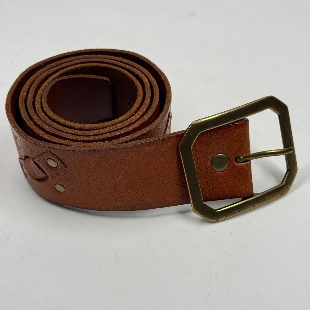 Linea Pelle Leather Waist Belt Tan Studded Brass Pin Buckle Wide Size 36